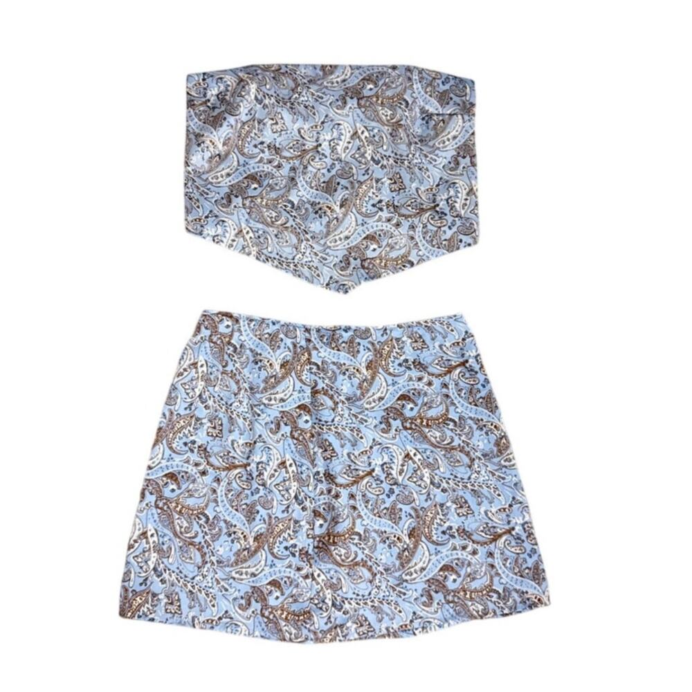 Hollister Y2K Babydoll 2 Piece Blue Paisley Satin Skirt Crop Top Set Size XS SM